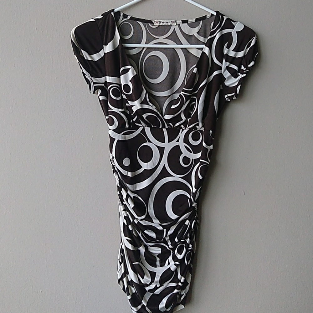 Brown ruched shirt with white circle pattern